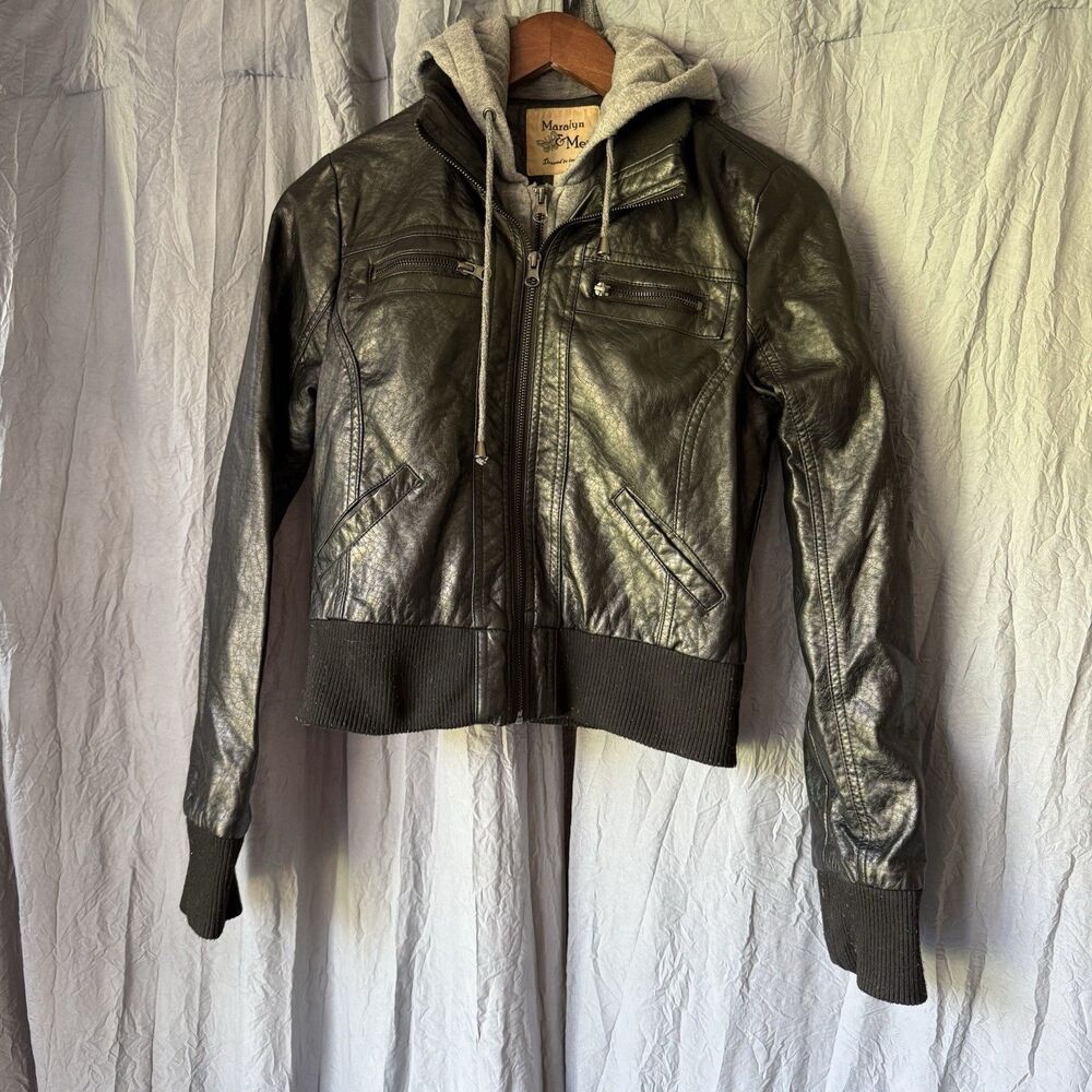 Maralyn & Me Faux Leather Hoodie Jacket Sz S Black Hipster 2000s